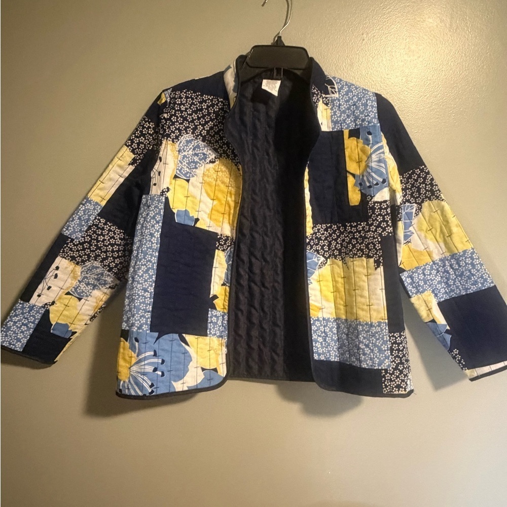 Alfred Dunner Patchwork Quilted Jacket - Blue and Yellow open front petite 6